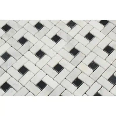 Oriental White / Asian Statuary Pinwheel Mosaic (w/Black) Marble Mosaic Polished - Honed - SurfacesGalorePolished