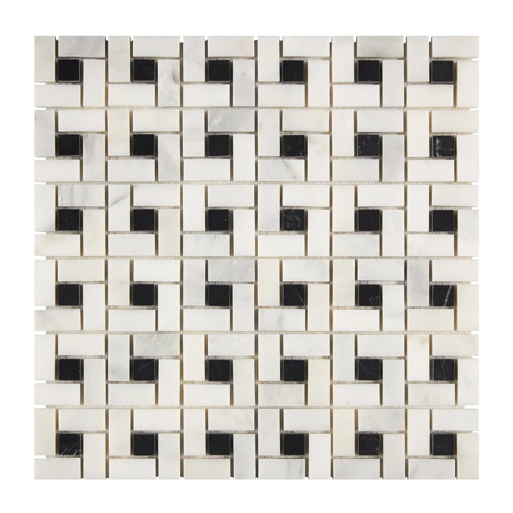 Oriental White / Asian Statuary Pinwheel Mosaic (w/Black) Marble Mosaic Polished-Honed