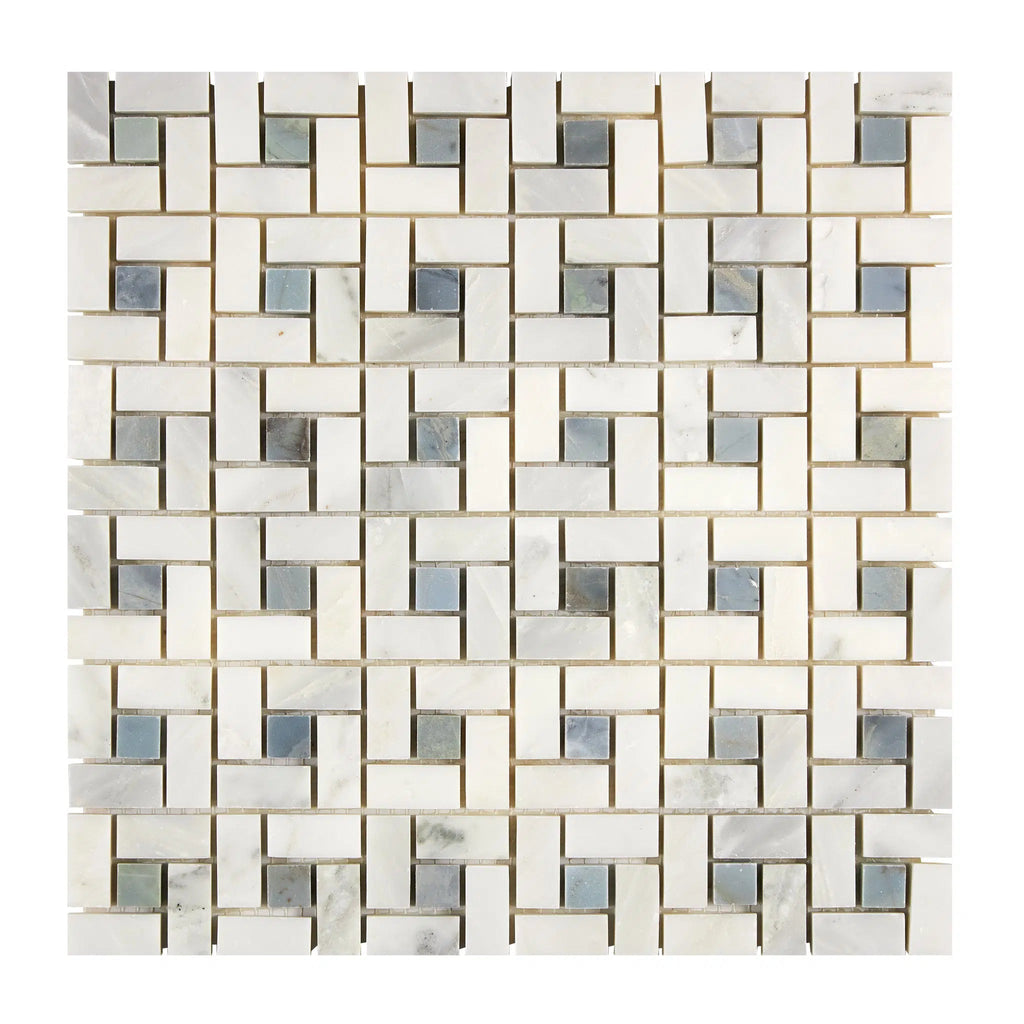 Oriental White / Asian Statuary Pinwheel Mosaic (w/Blue-Gray) Marble Mosaic Polished-Honed