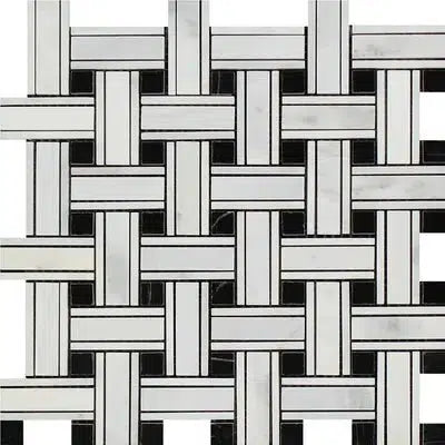 Oriental White / Asian Statuary Triple-Weave (w/Black) Marble Mosaic Polished-Honed