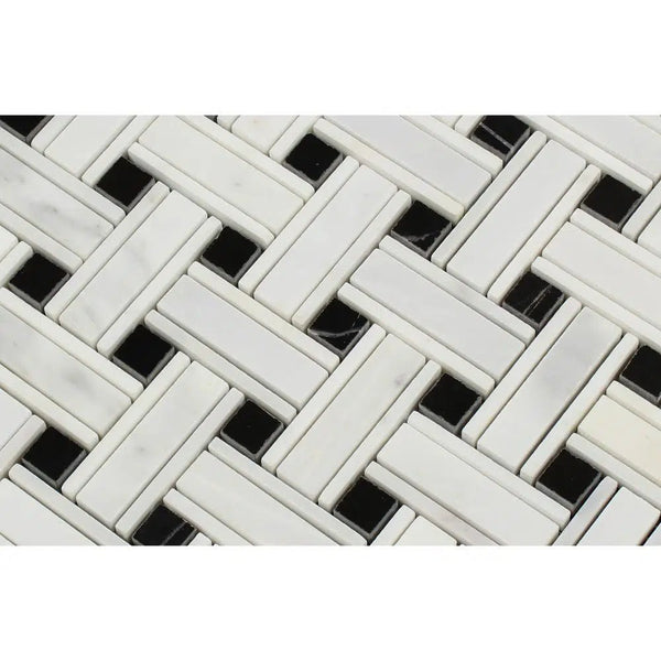 Oriental White / Asian Statuary Triple - Weave (w/Black) Marble Mosaic Polished - Honed - SurfacesGalorePolished