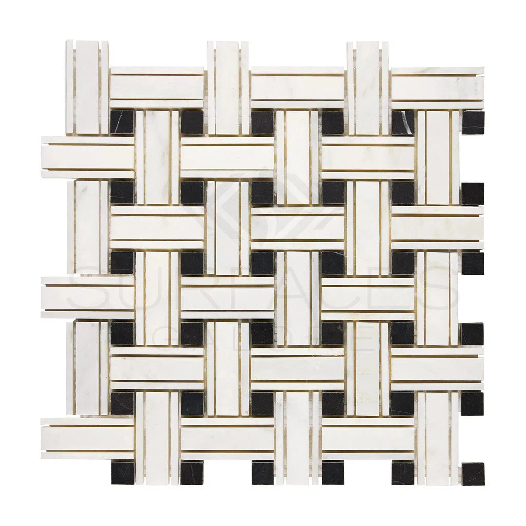 Oriental White / Asian Statuary Triple-Weave (w/Black) Marble Mosaic Polished-Honed