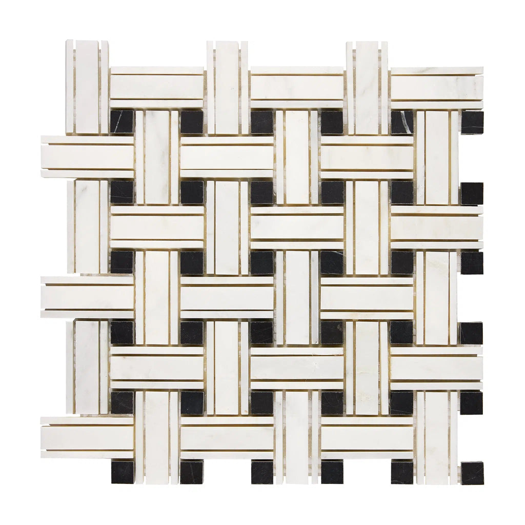 Oriental White / Asian Statuary Triple-Weave (w/Black) Marble Mosaic Polished-Honed