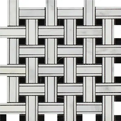 Oriental White / Asian Statuary Triple - Weave (w/Black) Marble Mosaic Polished - Honed - SurfacesGalorePolished