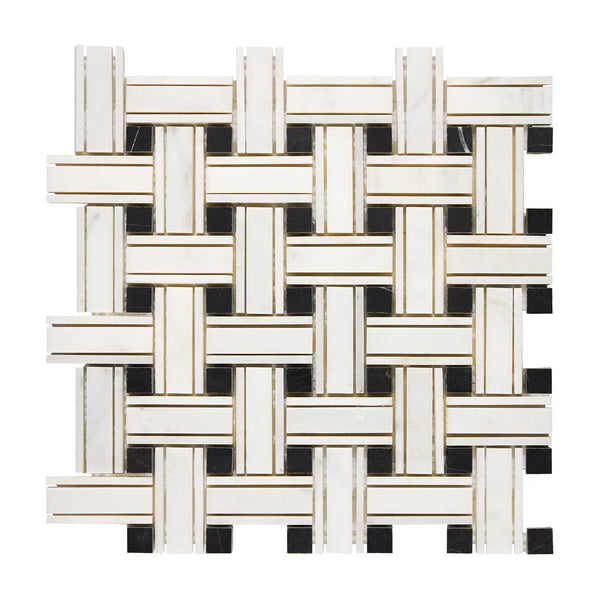 Oriental White / Asian Statuary Triple-Weave (w/Black) Marble Mosaic Polished-Honed