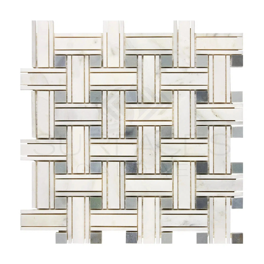 Oriental White / Asian Statuary Triple-Weave (w/Blue-Gray) Marble Mosaic Polished-Honed