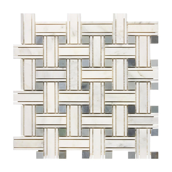 Oriental White / Asian Statuary Triple-Weave (w/Blue-Gray) Marble Mosaic Polished-Honed