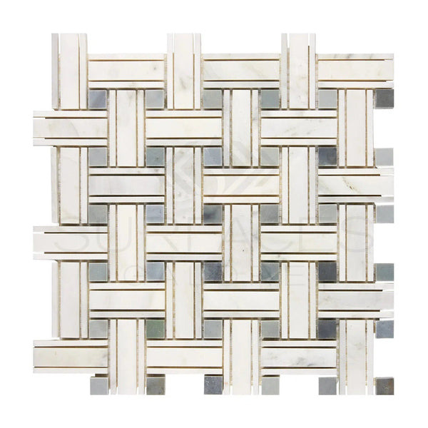 Oriental White / Asian Statuary Triple - Weave (w/Blue - Gray) Marble Mosaic Polished - Honed - SurfacesGalorePolished