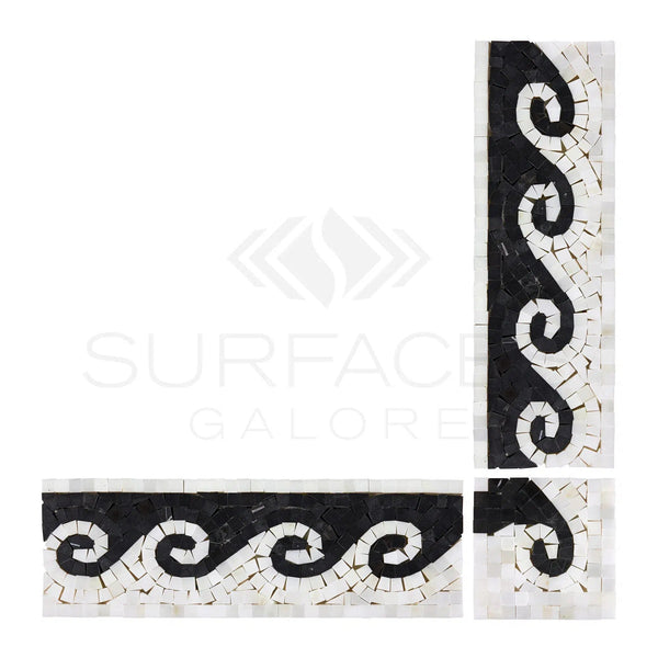 Oriental White / Asian Statuary Wave Border CORNER/Black Polished - Honed - SurfacesGalorePolished