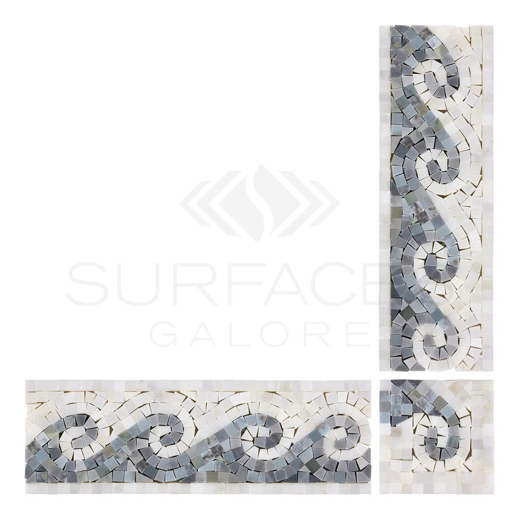 Oriental White / Asian Statuary Wave Border CORNER/Blue - Gray Polished - Honed - SurfacesGalorePolished