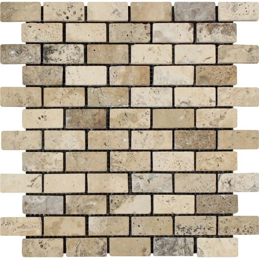 Philadelphia Travertine 1X2 Brick Mosaic Tumbled - SurfacesGalore