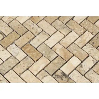 Philadelphia Travertine 1X2 Herringbone Mosaic Tumbled - SurfacesGalore