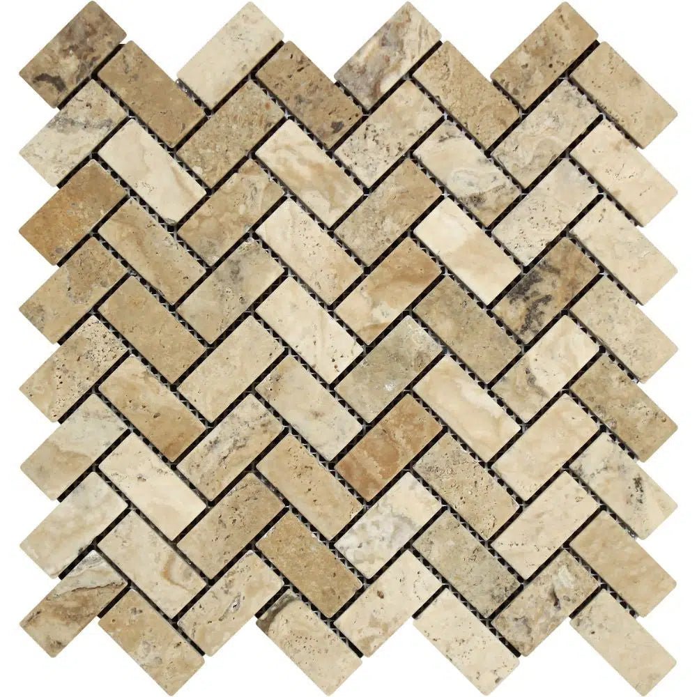 Philadelphia Travertine 1X2 Herringbone Mosaic Tumbled - SurfacesGalore