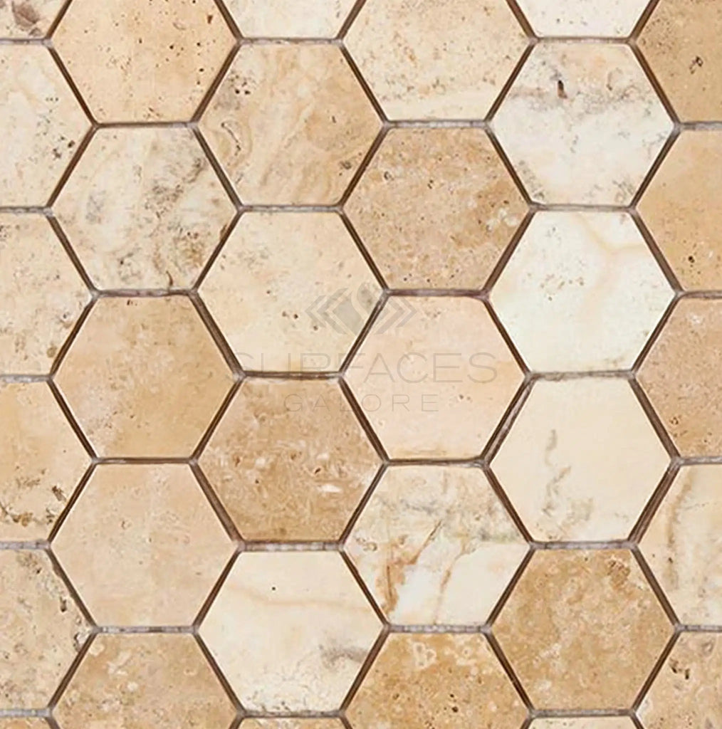 Philadelphia Travertine 2X2 Hexagon Mosaic Tumbled - Sample - SurfacesGalore