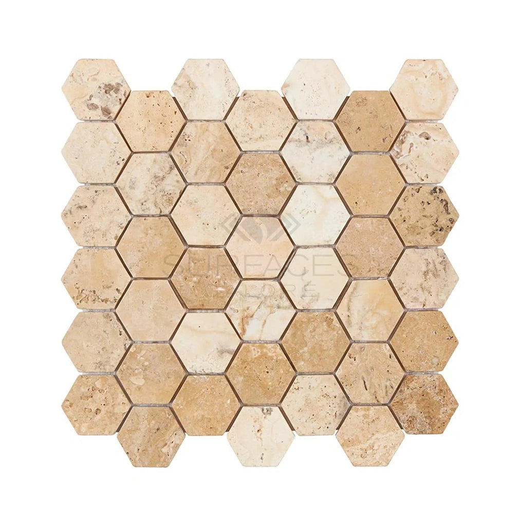 Philadelphia Travertine 2X2 Hexagon Mosaic Tumbled - Sample - SurfacesGalore