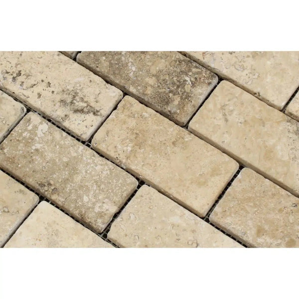 Philadelphia Travertine 2X4 Brick Mosaic Tumbled - SurfacesGalore