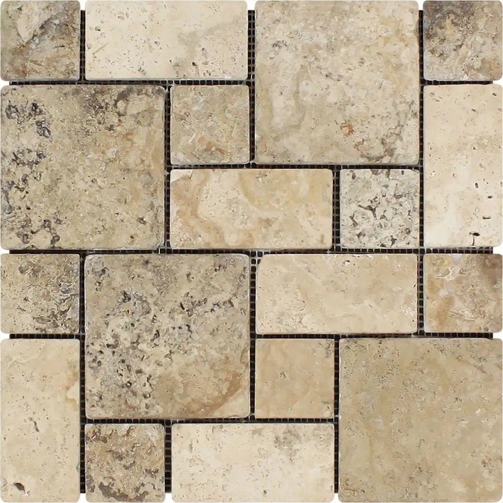 Philadelphia Travertine 3 - pcs. Mini - Pattern Mosaic (Non - Interlocking) Mosaic Tumbled - SurfacesGalore