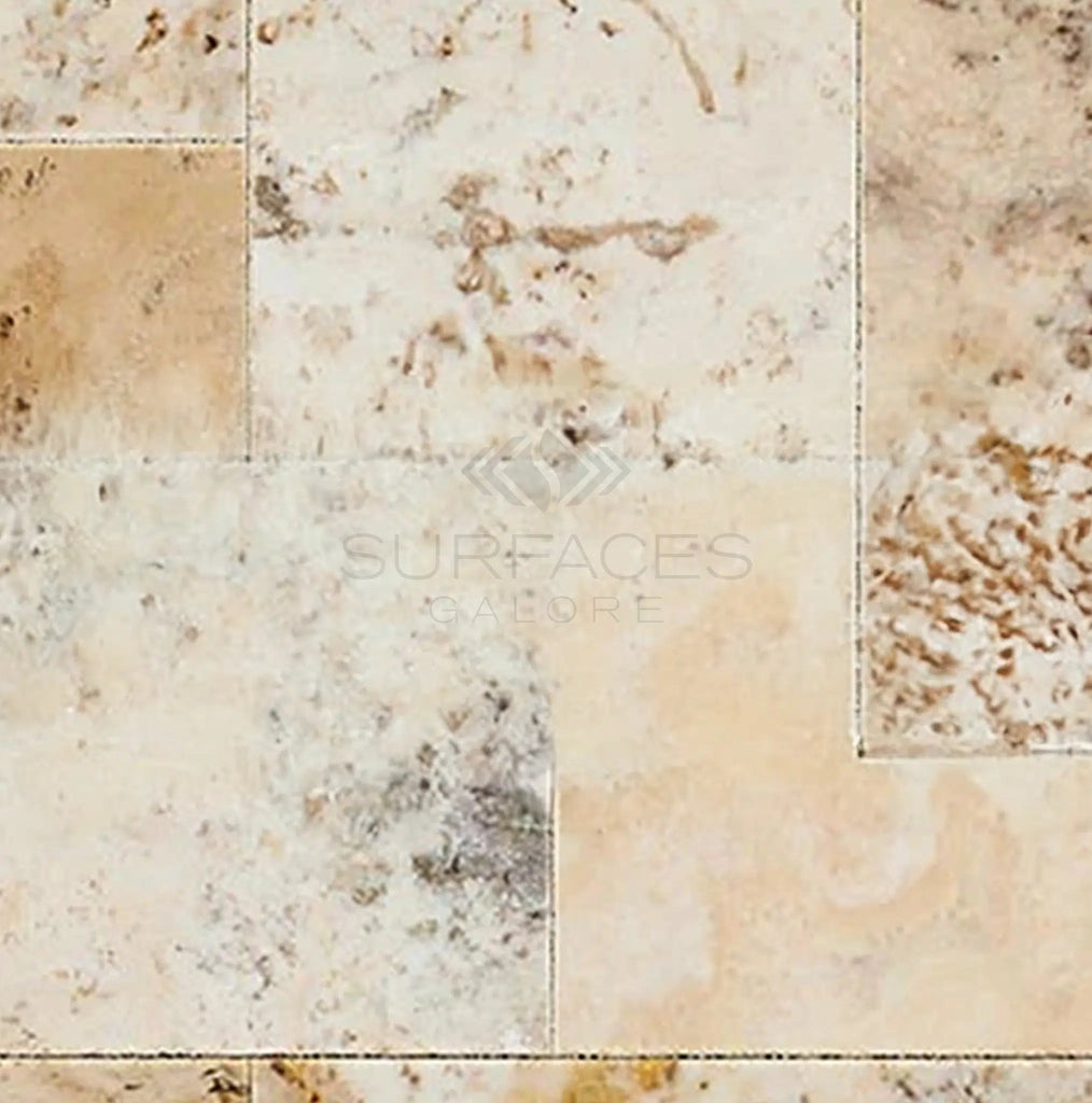 Beige and cream marble tiles with subtle brown and grey veins in varying rectangular shapes, available from SurfacesGalore's Philadelphia Travertine 4 pcs Versailles Pattern/French Pattern Set Unfilled, Brushed and Chiseled Edge collection.