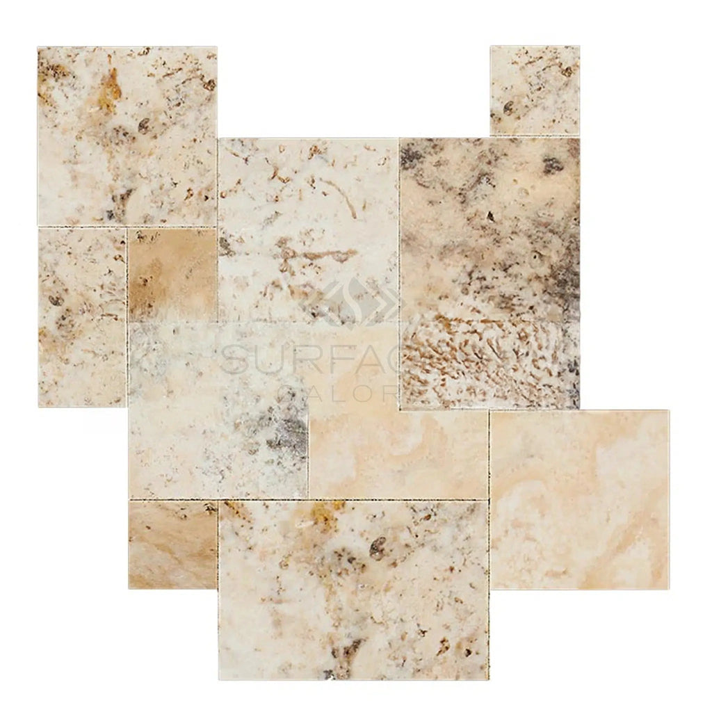 A sample of the SurfacesGalore Philadelphia Travertine 4 pcs Versailles Pattern/French Pattern Set, featuring unfilled, brushed, and chiseled edge tiles in multi-sized beige and brown hues, arranged randomly on a white background.