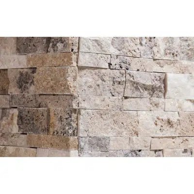 Close-up of a corner wall adorned with the Philadelphia Travertine Ledger-Panel ("Z" Split-Panel) - CORNER Mosaic Split-Faced in beige and brown from SurfacesGalore, highlighting its elegant textured finish.