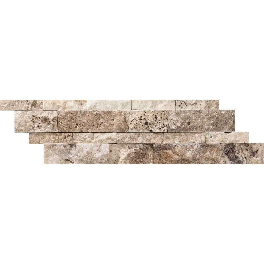 Philadelphia Travertine Ledger-Panel ("Z" Split-Panel) Mosaic Split-Faced tiles from SurfacesGalore, arranged in an interlocking pattern, create a stunning effect on a white background.