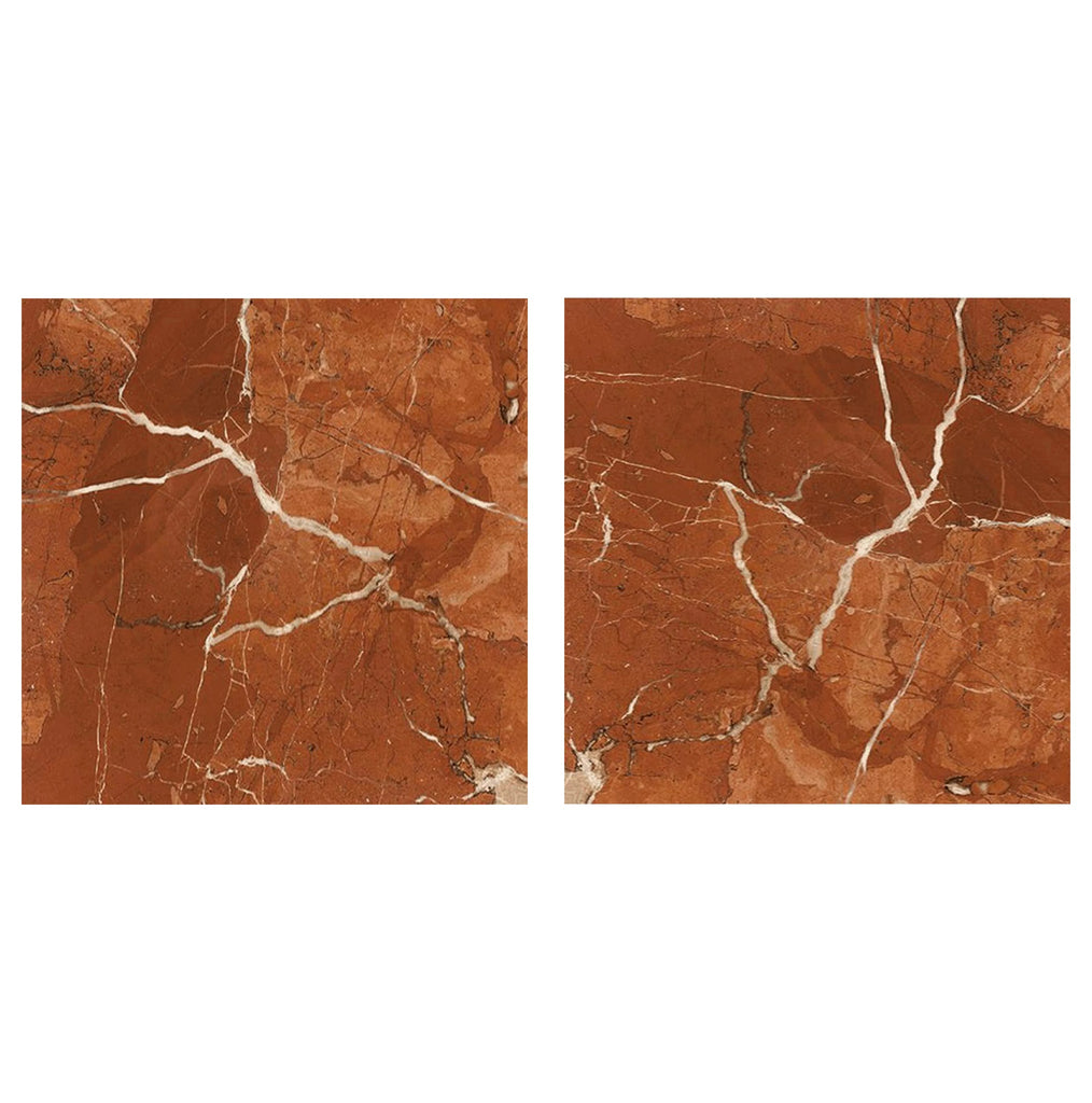 Two 12x12 panels of Rojo Alicante Marble by SurfacesGalore, a stunning Spanish red marble with white veining, set against a pristine white background.