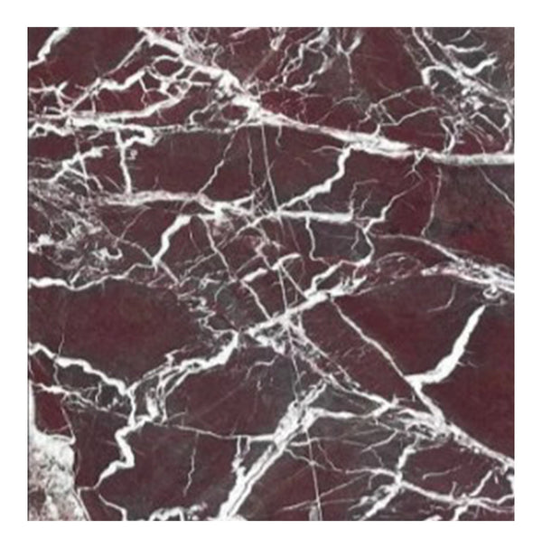 The Rosso Levanto Marble 12X12 Polished by SurfacesGalore highlights the elegance of natural stone with its dark red hue and striking white veining.