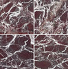 The Rosso Levanto Marble 12X12 Polished tiles from SurfacesGalore feature four panels of luxurious natural stone in a rich brown hue, highlighted with white veins that form abstract patterns.