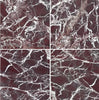 Four panels of SurfacesGalore's Rosso Levanto Marble 12X12 Polished, each with distinctive white veining patterns, exemplify the allure of luxury stone.