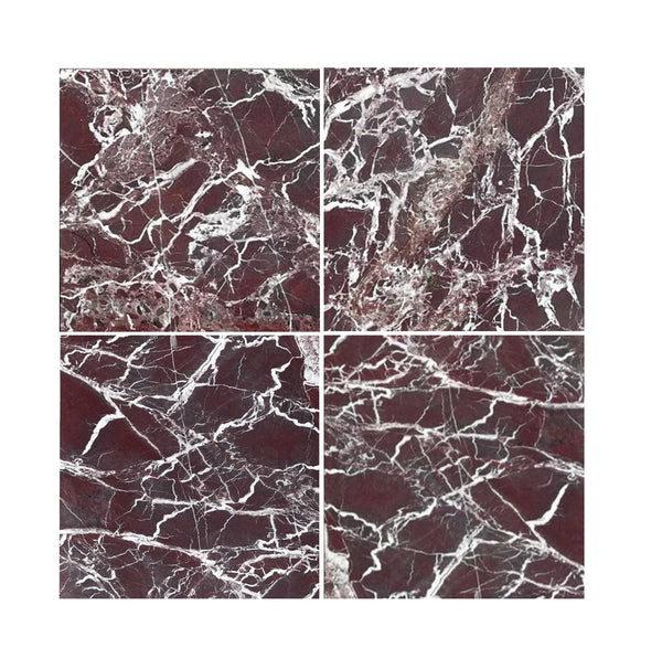 The Rosso Levanto Marble 12X12 Polished tiles by SurfacesGalore, with their unique dark red and white marble veining, embody the opulence of Italian elegance, adding a touch of luxury to any space.