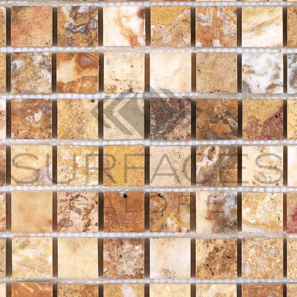 Scabos Travertine 1X1 Mosaic Polished - SurfacesGalore