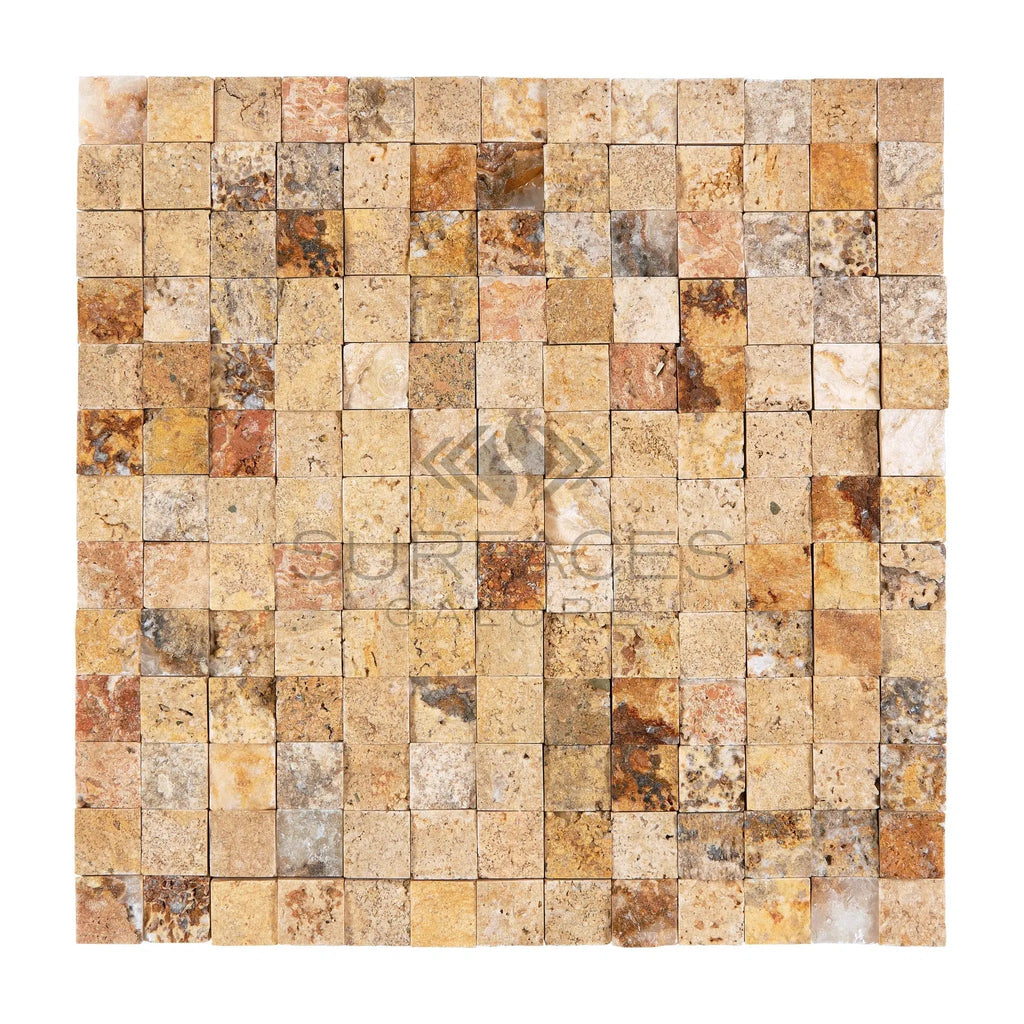 Scabos Travertine 1X1 Mosaic Split - Faced - SurfacesGalore