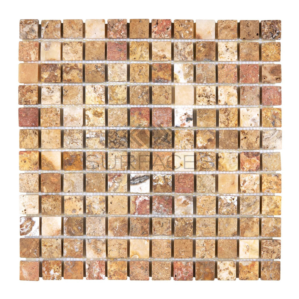 Scabos Travertine 1X1 Mosaic Tumbled - SurfacesGalore