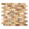 A Scabos Travertine 1X2 Brick Mosaic CNC-Arched & Tumbled (Round-Face / Wavy) from SurfacesGalore in varying shades of beige, brown, and tan arranged in a staggered pattern offers natural appeal.