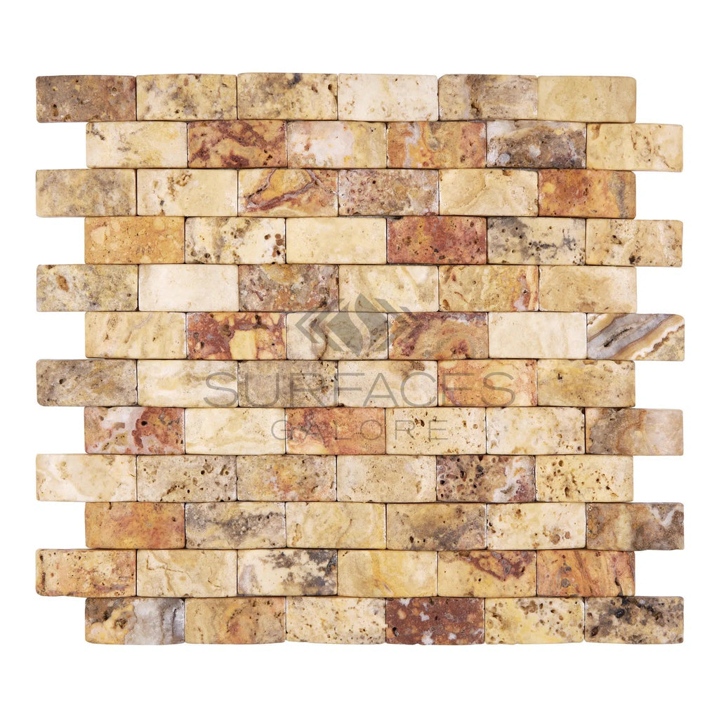 A Scabos Travertine 1X2 Brick Mosaic CNC-Arched & Tumbled (Round-Face / Wavy) from SurfacesGalore in varying shades of beige, brown, and tan arranged in a staggered pattern offers natural appeal.