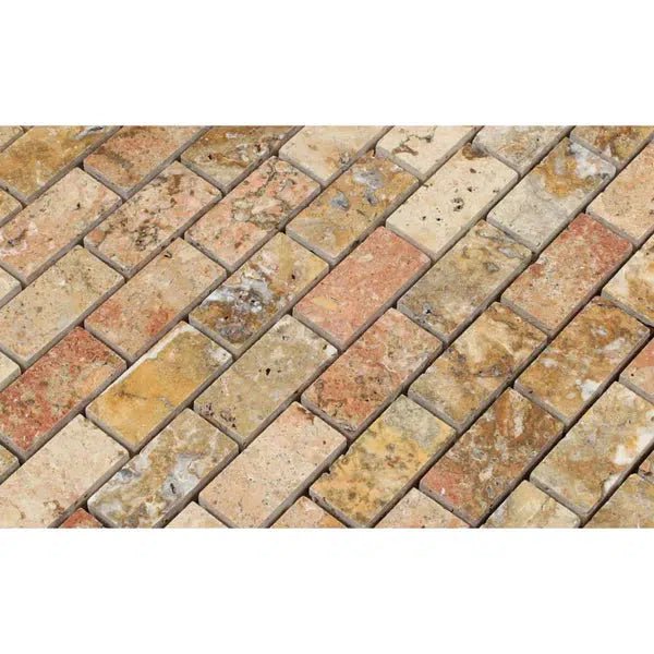 Scabos Travertine 1X2 Brick Mosaic Polished - SurfacesGalore