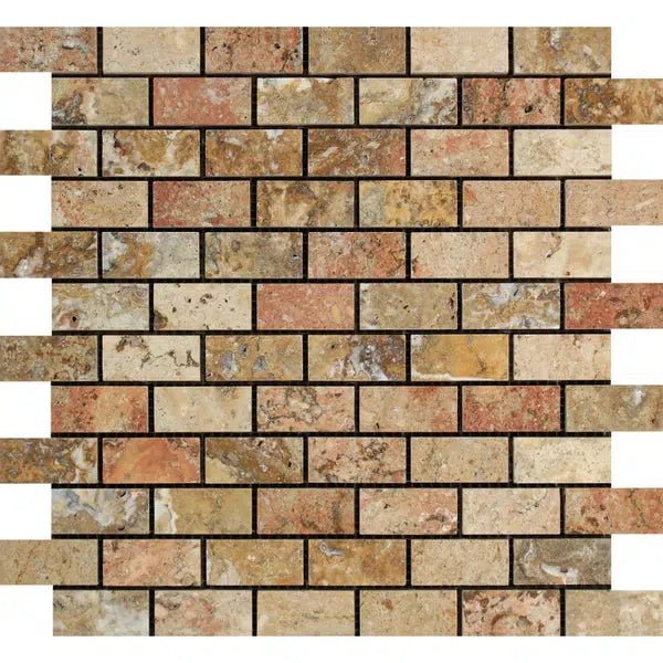 Scabos Travertine 1X2 Brick Mosaic Polished - SurfacesGalore