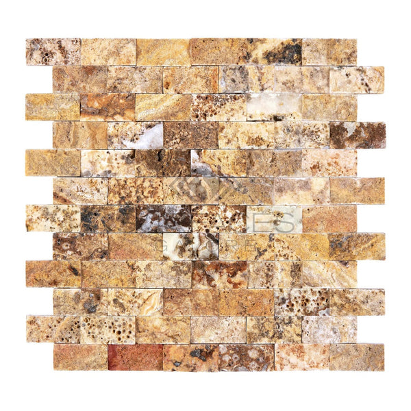 Scabos Travertine 1X2 Brick Mosaic Split - Faced - SurfacesGalore