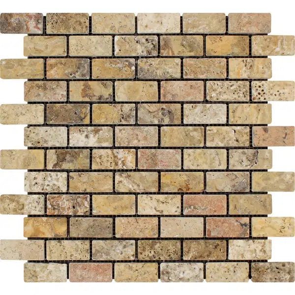 Scabos Travertine 1X2 Brick Mosaic Tumbled - SurfacesGalore