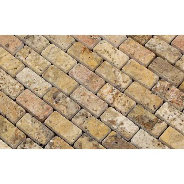 Scabos Travertine 1X2 Brick Mosaic Tumbled - SurfacesGalore