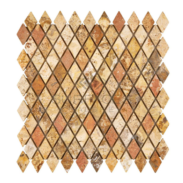 Scabos Travertine 1X2 Diamond / Rhomboid Mosaic Tumbled