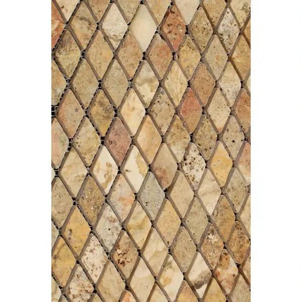 Scabos Travertine 1X2 Diamond / Rhomboid Mosaic Tumbled - SurfacesGalore