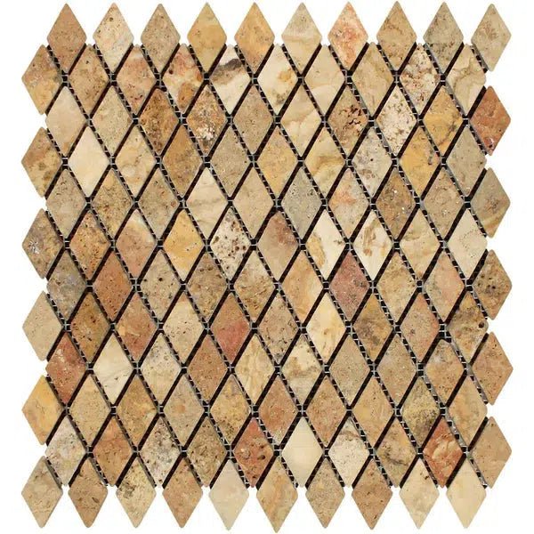 Scabos Travertine 1X2 Diamond / Rhomboid Mosaic Tumbled - SurfacesGalore