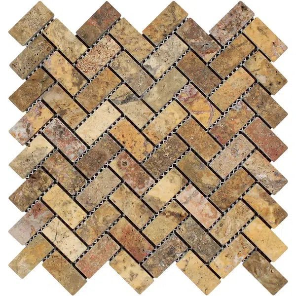 Scabos Travertine 1X2 Herringbone Mosaic Tumbled - SurfacesGalore