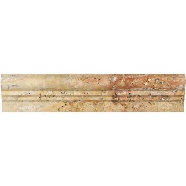 A rectangular piece of honed Scabos Travertine 2 1/2X12 OG-2 (Double-Step Chair Rail Trim) Liner from SurfacesGalore, displaying a blend of beige, brown, and orange hues with a textured surface.