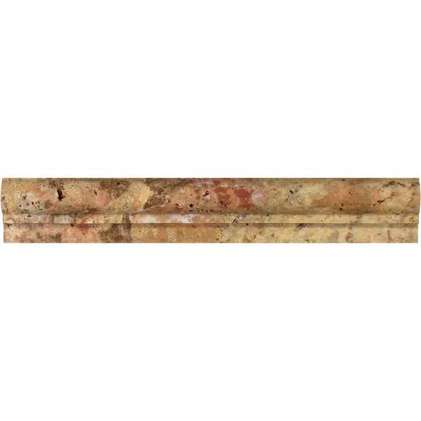 Close-up of a SurfacesGalore Scabos Travertine 2X12 OG-1 (Single-Step Chair Rail Trim) Liner Honed, showcasing marbled stone with earthy tones including beige, brown, and hints of pink. Its natural appeal makes it perfect for versatile applications.