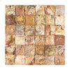 A grid of 6x6 small square stone tiles with various earthy tones and natural textures, perfect for versatile applications. The Scabos Travertine 2X2 CNC-Arched & Tumbled (Round-Face / Wavy) Mosaic by SurfacesGalore adds a touch of vibrant colors, arranged neatly to enhance any space.