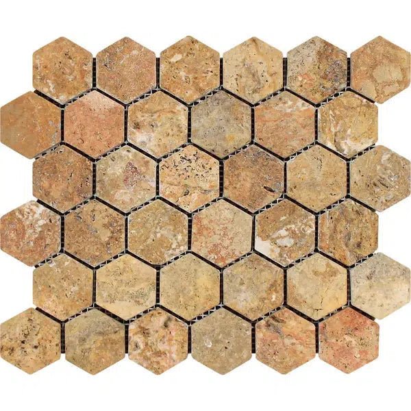 SurfacesGalore's Scabos Travertine 2X2 Hexagon Mosaic Tumbled tiles, featuring an array of earthy tones in shades of brown, beige, and tan, are arranged in a honeycomb pattern.