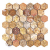 A grid of hexagonal tiles featuring a blend of brown, yellow, and red earthy tones forms a rustic mosaic pattern. These vibrant colors evoke the elegance of the Scabos Travertine 2X2 Hexagon Mosaic Tumbled by SurfacesGalore, making it ideal for enhancing any surface.