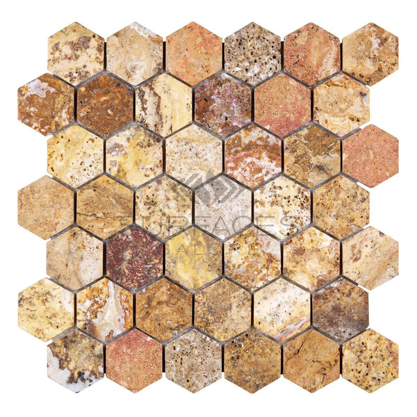 A grid of hexagonal tiles featuring a blend of brown, yellow, and red earthy tones forms a rustic mosaic pattern. These vibrant colors evoke the elegance of the Scabos Travertine 2X2 Hexagon Mosaic Tumbled by SurfacesGalore, making it ideal for enhancing any surface.